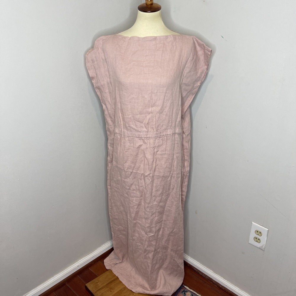 Seaside Tones Dusty Pink Short Sleeve Linen Gathered Waste Mini Dress One Size